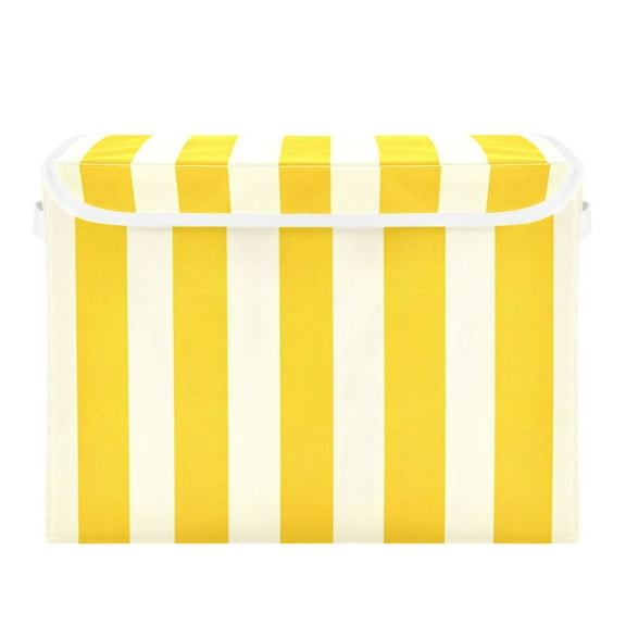 Yellow Beige Vertical Stripes Foldable Storage Bin with Lid and Handle Collapsible Storage Box 16.5 x 12.6 x 11.8 inches