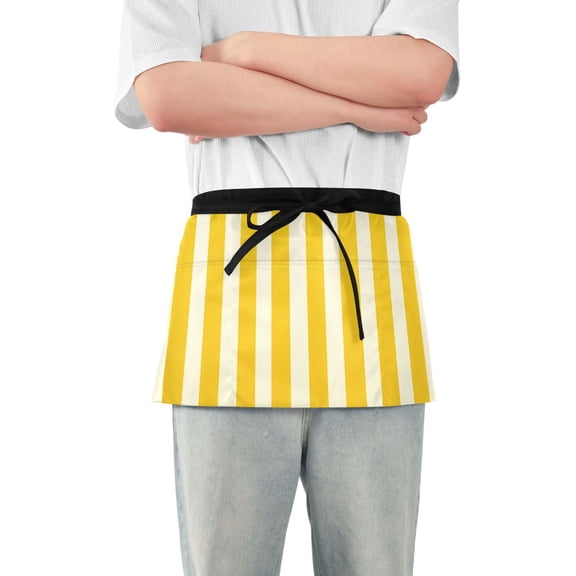 Yellow Beige Vertical Stripes Short Server Apron with 3 Pockets for Unisex Chef Gardening