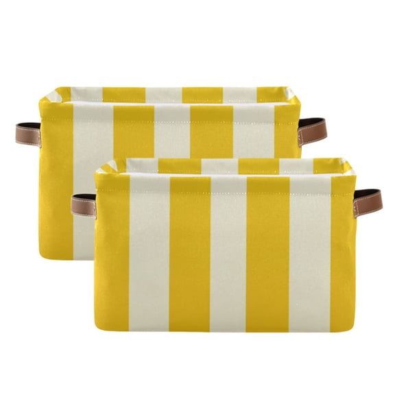 Yellow Beige Vertical Stripes Square Storage Bins with Handles Collapsible Containing Box 2 Packs