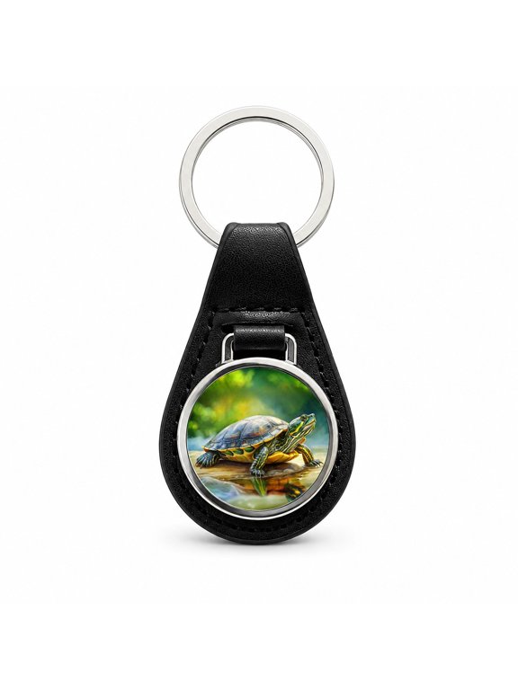 Yellow Bellied Slider Turtle Watercolor Metal Black Leather Keychain