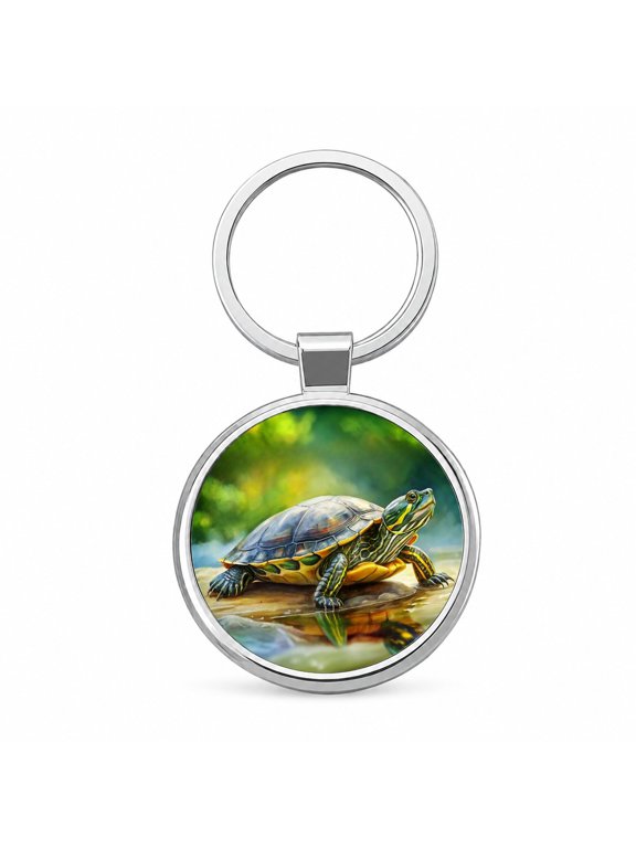 Yellow Bellied Slider Turtle Watercolor Metal Round Keychain