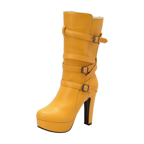 Yellow Belt Buckle Platform Ankle Boots Thick High Heel Women Casual Fall Winter Fashion Trendy Personality Style