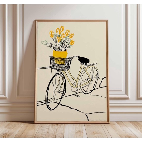 Yellow Bicycle Print, Minimalist Line Drawing, Floral, Poster Only