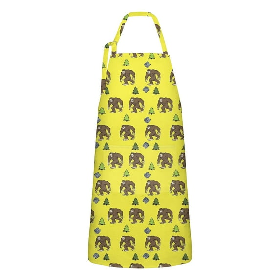 Yellow Bigfoot and Tree Pattern Apron-Garden Aprons for Women with Pockets-Cotton Linen Waterproof Kitchen Cooking Gardening Aprons Adjustable for Kitchen,Cooking,BBQ and Salon 33x27 Inch