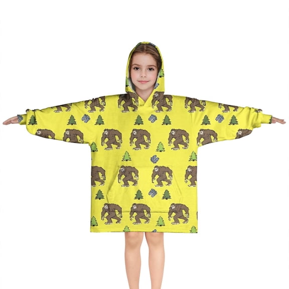 Yellow Bigfoot and Tree Pattern Blanket Hoodies for Kids 6-13YR Oversize Wearable Blanket Hoodies for Boys Girls Teens