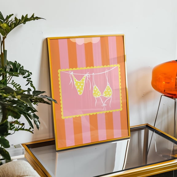 Yellow Bikini Print Beachy Polka Dot Print Retro Pink And Orange Wall Art Eclectic Bathroom Decor Girly Coastal Home Decor #666, Stretched Canvas Size 8x12