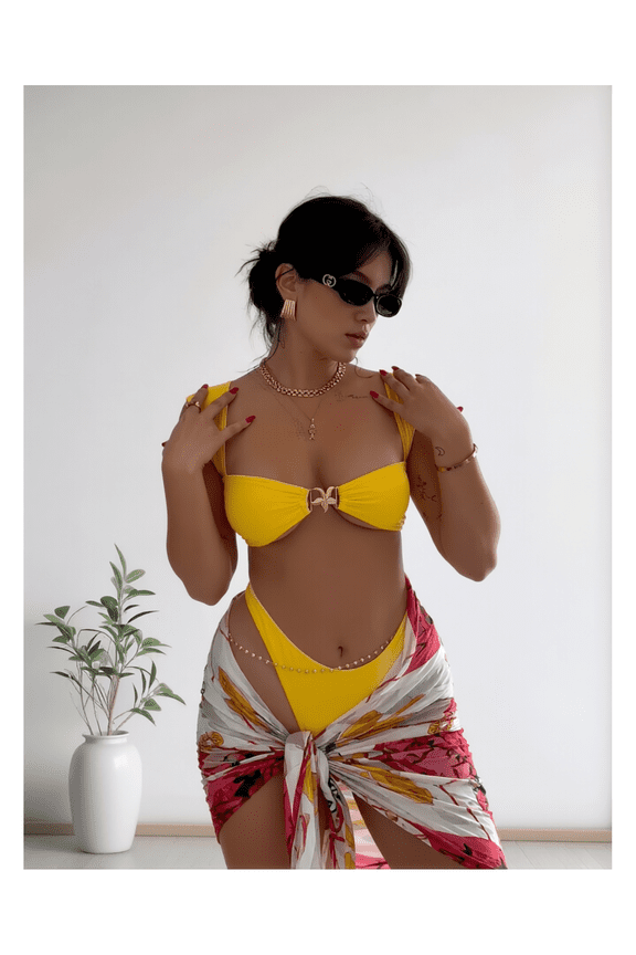 Yellow Bikini Set for Women - Square Neck 2 Piece Swimsuit with Gold Accent & Scarf Tie Skirt - Chic Summer Beachwear Bathing Suit