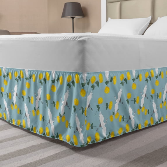 Yellow Bird Bed Skirt, Flying Cranes and Flowers Pattern, Elastic Bedskirt Dust Ruffle Wrap Around for Bedding Decor, 4 Sizes, Pale Blue Yellow, by Ambesonne