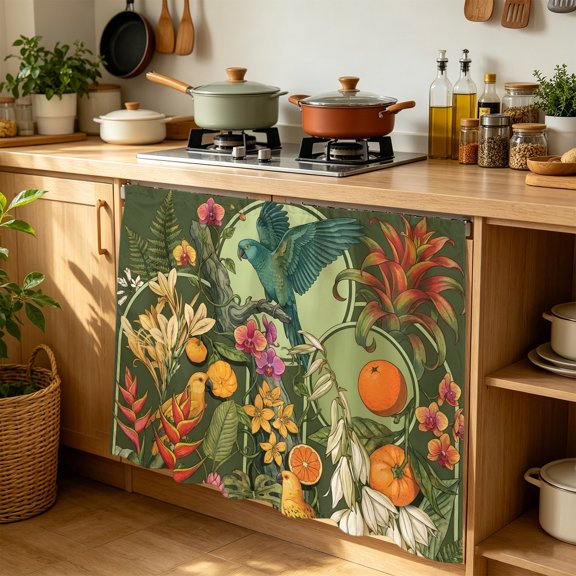 Yellow Bird Cabinet Curtains for Kitchen 35"W x 35"L, Tropical Plant Animal Pink Flower Oranges Dark Green Laundry Sink Cabinets Magic Tape Short Curtain Privacy Panel for Bathroom Vanity Cabinets