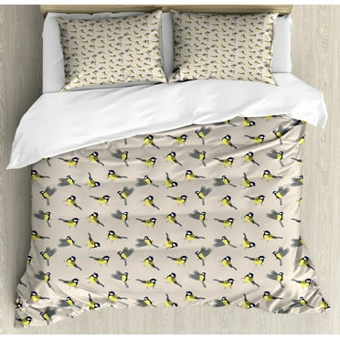 Yellow Bird Duvet Cover Set, Avian Animals in Different Positions Repetition, Decorative 3 Piece Bedding Set with 2 Pillow Shams, Calking Size, Pale Tan Purpleblue, by Ambesonne