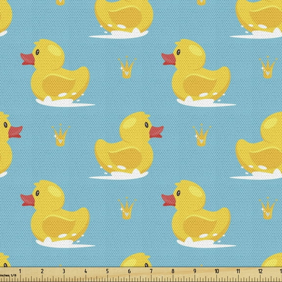 Ambesonne Yellow Bird Fabric by the Yard Upholstery, Cartoon Ducks, 2 Yards, Deep Sky Blue Mustard