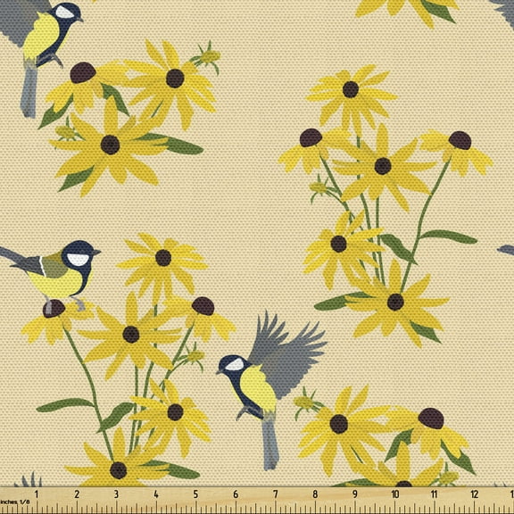 Ambesonne Yellow Bird Fabric by the Yard Upholstery, Avian and Rudbeckia, 2 Yards, Beige and Multicolor