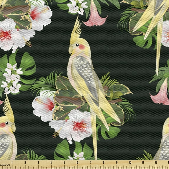 Ambesonne Yellow Bird Fabric by the Yard Upholstery, Parrot and Exotic Flora, 10 Yards, Multicolor