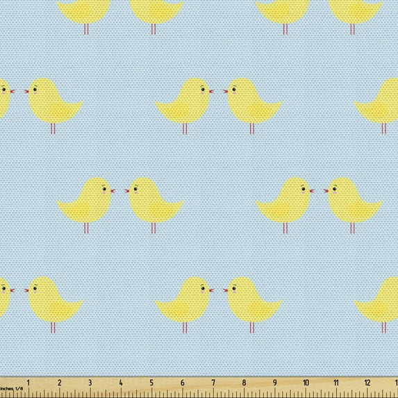 Ambesonne Yellow Bird Fabric by the Yard Upholstery, Tiny Chickens, 3 Yards, Pale Blue Pastel Yellow