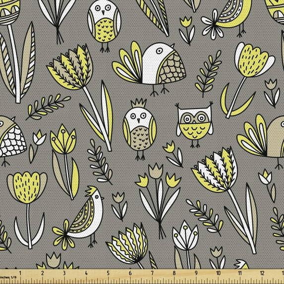Yellow Bird Fabric by the Yard Upholstery, Abstract Floral Concept Avian Animals and Tulips, Decorative Fabric for DIY and Home Accents, 2 Yards, Slate Brown Yellow by Ambesonne