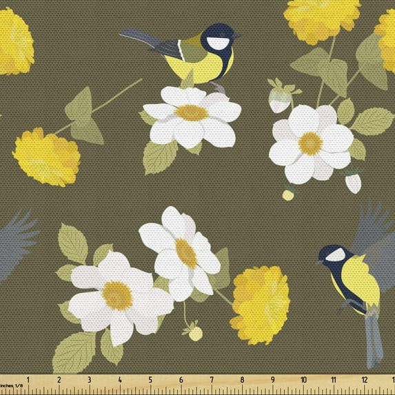 Ambesonne Yellow Bird Fabric by the Yard Upholstery, Flowers and Avian, 5 Yards, Fawn and Multicolor
