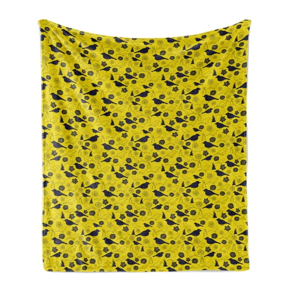Yellow Bird Soft Flannel Fleece Throw Blanket, Bicolour Design Pattern of Silhouette Style Avian and Flower Petals, Cozy Plush for Indoor and Outdoor Use, 70" x 90", Yellow Indigo, by Ambesonne