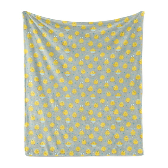 Yellow Bird Soft Flannel Fleece Throw Blanket, Cartoon of Baby Chicken Petals Polka Dots, Cozy Plush for Indoor and Outdoor Use, 60" x 80", Pale Seafoam Mustard, by Ambesonne