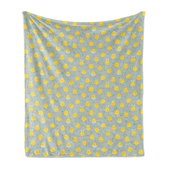 Yellow Bird Soft Flannel Fleece Throw Blanket, Cartoon of Baby Chicken Petals Polka Dots, Cozy Plush for Indoor and Outdoor Use, 70" x 90", Pale Seafoam Mustard, by Ambesonne