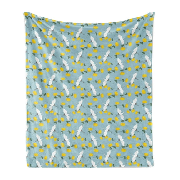 Yellow Bird Soft Flannel Fleece Throw Blanket, Flying Cranes and Flowers Pattern, Cozy Plush for Indoor and Outdoor Use, 70" x 90", Pale Blue Yellow, by Ambesonne