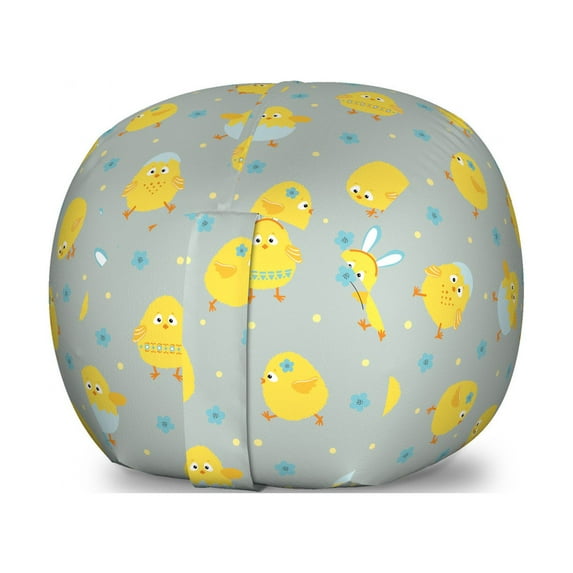Yellow Bird Storage Toy Bag Chair, Cartoon of Chicken Petals Polka Dots, Stuffed Animal Organizer Washable Bag, Large Size, Pale Seafoam Mustard, by Ambesonne