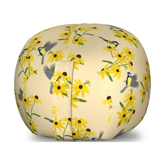 Yellow Bird Storage Toy Bag Chair, Continuous Pattern of Avian Animal and Rudbeckia Flowers Print, Stuffed Animal Organizer Washable Bag, Small Size, Beige and Multicolor, by Ambesonne
