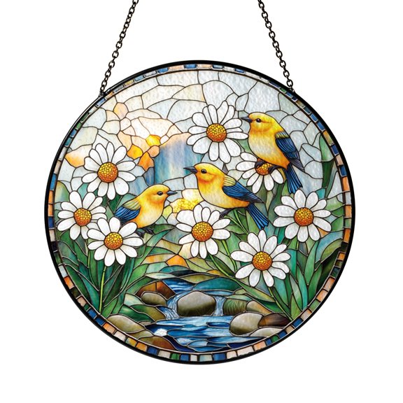 Yellow Birds And Daisy Stream Stained Glass Suncatcher – Garden Window Decor