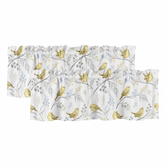 Yellow Birds Curtain Valances for Windows, Kitchen Valance Window Treatments Panel 2 Pack, Spring Floral Botanical Farmhouse Rod Pocket Short Curtains for Bathroom Bedroom 42 x 12 Inch