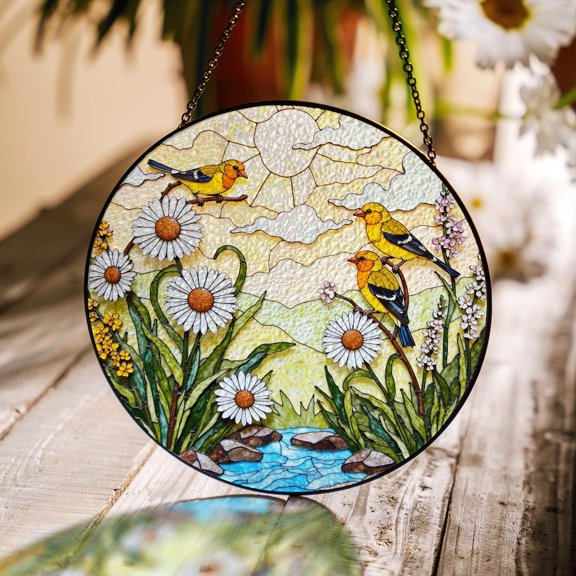 Yellow Birds Daisies Stream Glass Suncatcher Window Decor For Garden Lovers Gift For Mom, Suncatcher Window Hanging, 3.5 in