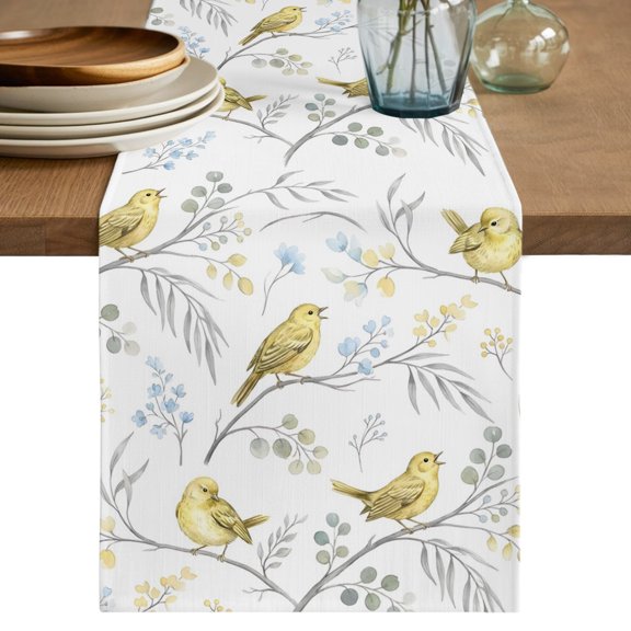 Yellow Birds Short Table Runner 36 Inches Long, Spring Floral Botanical Farmhouse Cotton Linen Table Runners Dresser Scarves, Fabric Tabletop Scarf Furniture Cover for Home Dinner Party Decor 13"x36"