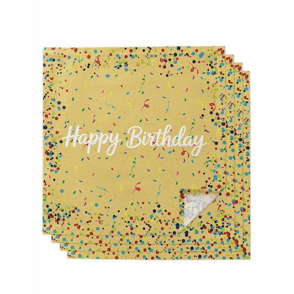 Yellow Birthday Cloth Napkins Set of 4 Reusable Dinner Napkins, Colorful Confetti Ribbons Polka Dots Classroom Cocktail Napkin Washable Table Napkins for Wedding/Holiday Party/Baby Shower 20"x20"