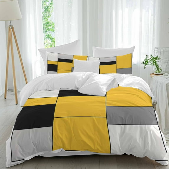 Yellow Black 4 Piece Duvet Cover Set California King Size Gray Geometric Abstract Color Block Plaid Soft Bedding Set Comforter Cover, 1 Duvet Cover 1 Flat Sheets and 2 Pillowcases