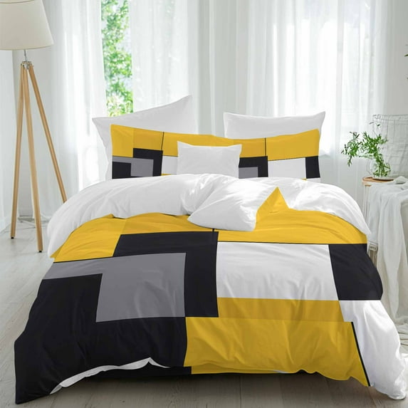 Yellow Black 4 Piece Duvet Cover Set Queen Size Gray Geometric Abstract Color Block Modern Art Soft Bedding Set Comforter Cover, 1 Duvet Cover 1 Flat Sheets and 2 Pillowcases