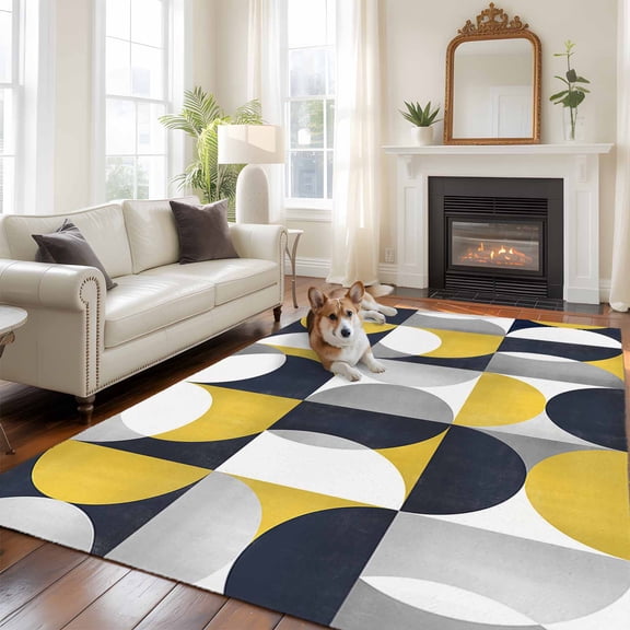 Yellow Black 5x7 Area Rugs for Living Room, Nordic Retro Medieval Geometric Abstract Non Slip Floor Mat Washable Low-Profile Indoor Carpet for Bedroom, Dining Room, Bathroom