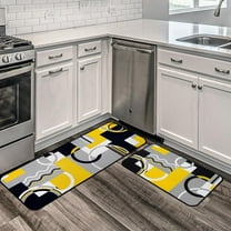 Yellow Black Abstract Kitchen Mats for Floor, Modern Kitchen Rugs Set of 2 Carpet Area Rug, Modern Farmhouse Decor, Geometric Grey Modern Yellow Kitchen Decor and Accessories, 17x30 and 17x47 Inch