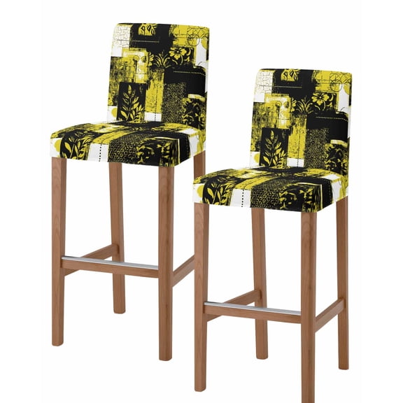 Yellow Black Bar Stool Covers Set of 2, Modern Abstract Art Botanical Stretch Washable Bar Chair Covers with Backs, Removable Pub Counter Height Chair Cover for Kitchen Dining Room Cafe