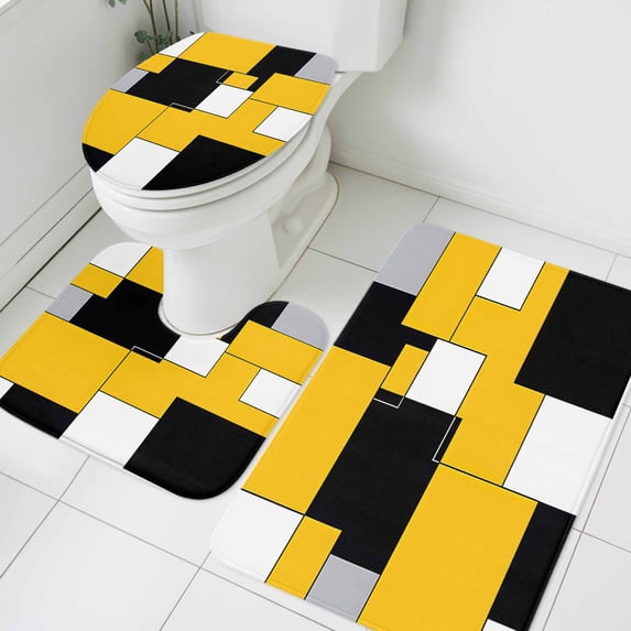 Yellow Black Bathroom Rugs Set Geometric Abstract Color Block Modern Art Non Slip Absorbent Soft Bath Mats 3 Piece Set with Bathroom Rug, U-Shaped Floor Mat, Toilet Seat Cover Small Size