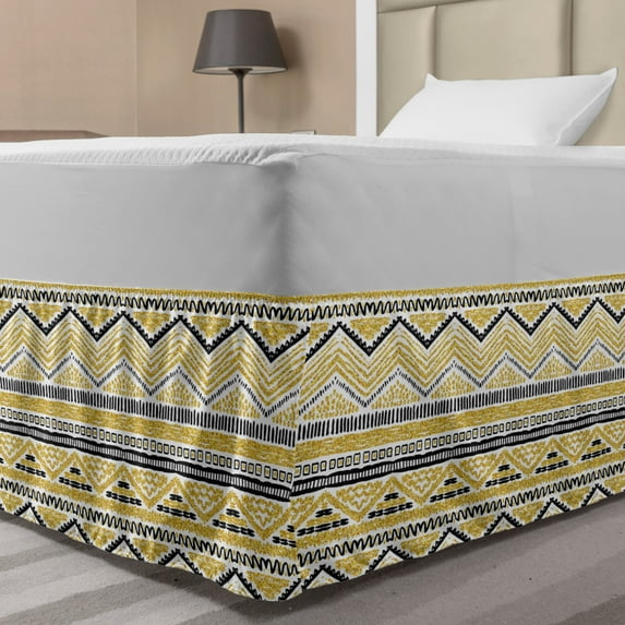 Yellow and Black Bed Skirt, Primitive Design with Zig Zag Lines Stripes Chevron, Elastic Bedskirt Dust Ruffle Wrap Around for Bedding Decor, 4 Sizes, Yellow Black and White, by Ambesonne
