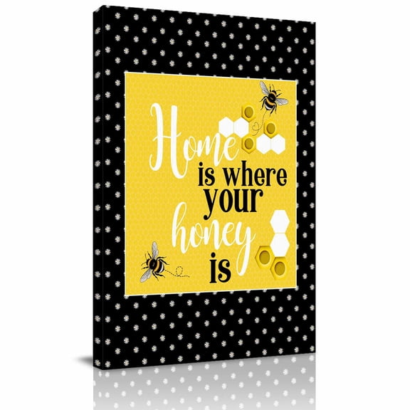 Yellow Black Bee Canvas Wall Art for Living Room, Home Is Where Your Honey Is Honeycomb Daisy Wall Decor Framed Artwork Pictures Ready to Hang for Bedroom Office Home Decor