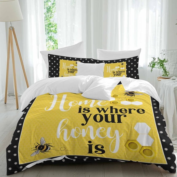 Yellow Black Bee Full Size Comforter Set, Home Is Where Your Honey Is Honeycomb Daisy Bedding for All Seasons, 4 Pcs Bed Set, 1Quiltcover (86"x86") ,1Sheet(80"x116"), 2Pillowcases (30"x20")