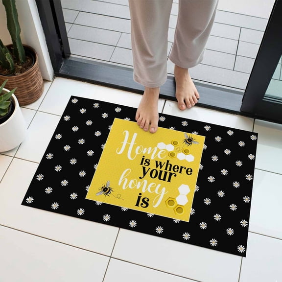 Yellow Black Bee Indoor Door Mat 18x30 Inch Home Is Where Your Honey Is Honeycomb Daisy Front Door Mat Non Slip Washable Entryway Rug Low Profile Dirt Trapper Doormat for Bathroom Kitchen Bedroom