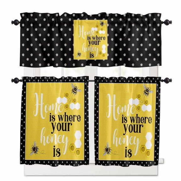 Yellow Black Bee Kitchen Curtains Valances and Tiers Set of 3 Home Is Where Your Honey Is Honeycomb Daisy Tier Curtains and Valance for Kitchen Bathroom Small Windows 27.5"W x 36"L (Pack of 3)