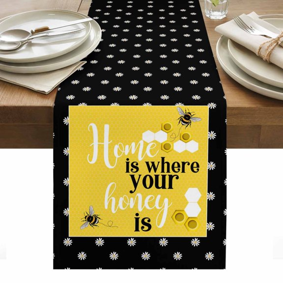 Yellow Black Bee Table Runner Home Is Where Your Honey Is Honeycomb Daisy Table Runners Dresser Scarves Holiday Kitchen Dining Table Decoration for Home Party Indoor 13x48 Inch
