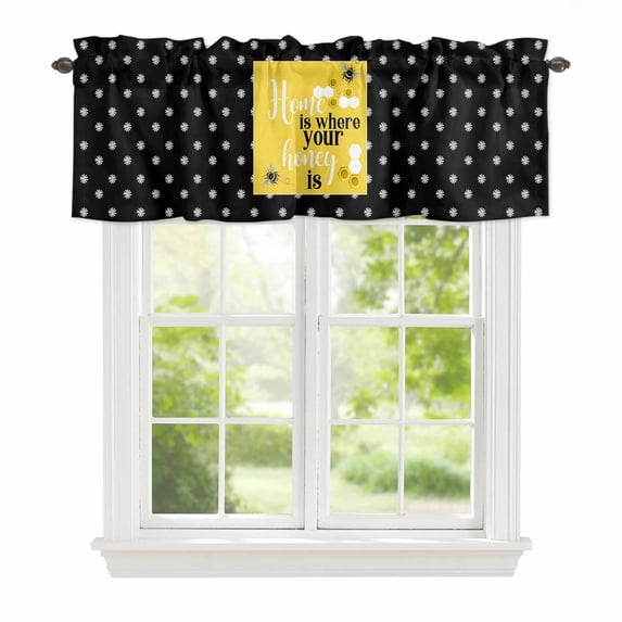 Yellow Black Bee Window Valance for Kitchen, Home Is Where Your Honey Is Honeycomb Daisy Rod Pocket Short Curtain for Small Windows, Light Filtering Decorative Valance, 60 x 18 Inch, 1 Panel