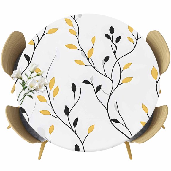 Yellow Black Branches Round Tablecloth 36-44 Inch Round Fitted Table Cloth with Elastic Edge, Pastoral Botanical Leaves Waterproof Table Cover Protector for Outdoor Picnic Party Dining