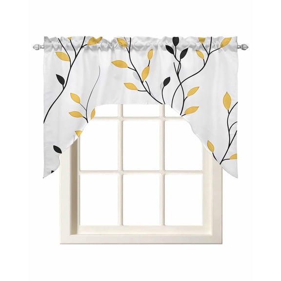 Yellow Black Branches Swag Valances for Windows, Small Curtains Drapes, Pastoral Botanical Leaves Kitchen Window Curtains Over Sink Rod Pocket Window Treatment Valance for Bedroom/Bathroom 56"x36"
