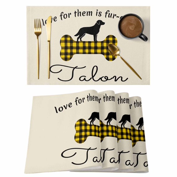 Yellow Black Buffalo Checkered Placemats Set of 4, Bones Cute Dogs Pets Placemats for Dining Table, Place Mats for Kitchen Tabletop, Waterproof Wipeable Dining Table Mats Set