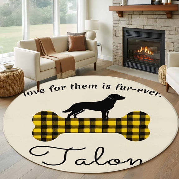Yellow Black Buffalo Checkered Round Area Rug 6Ft Washable Circle Rugs for Bathroom Office, Bones Cute Dogs Pets Non-Slip Carpet Floor Mats Indoor Outdoor Carpet Runner Aesthetic Home Decor