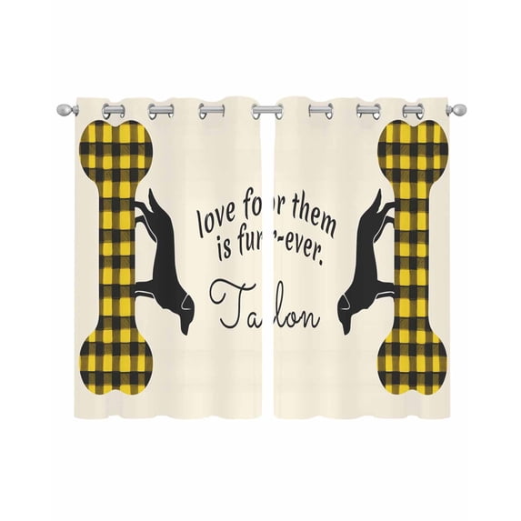Yellow Black Buffalo Checkered Sheer Curtains 45 Inch Length 2 Panels Set for Living Room/Bedroom, Bones Cute Dogs Pets Kitchen Curtains Grommet Semi-Sheer Curtains Drapes Window Treatments 42"x45"x2