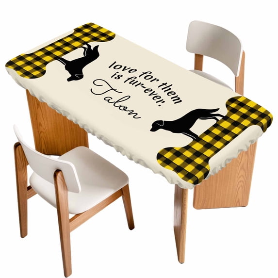 Yellow Black Buffalo Checkered Table Cloths for 3 Foot Rectangle Tables, Bones Cute Dogs Pets Patio Waterproof Elastic Fitted Tablecloths, Washable Rectangular Table Cover for Camping